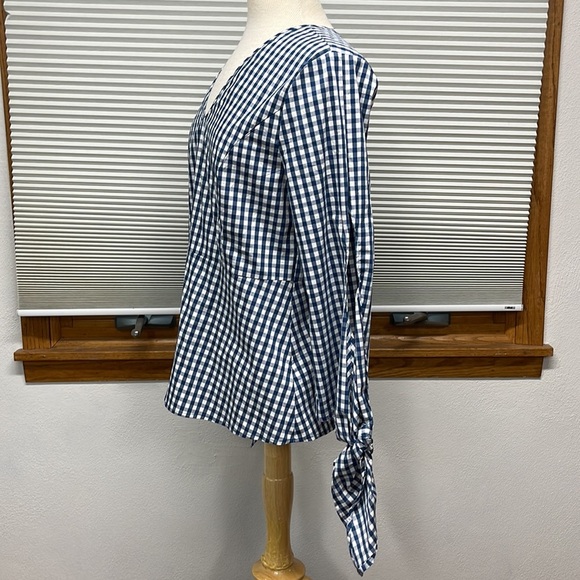 Universal Standard for J.Crew NWT Blue White Gingham Tie Sleeve Cutout Shirt - Picture 11 of 16